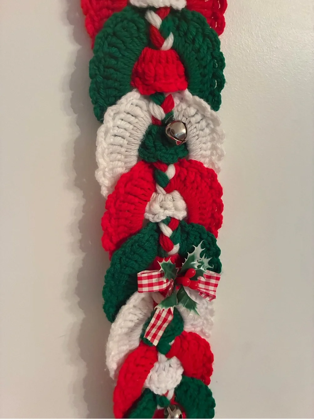 Vintage Hand Crochet Christmas Door Hanger Jingle Bells Garland Holiday Decor